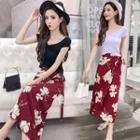 Set: V-neck Short-sleeve T-shirt + Flower Print Midi Skirt