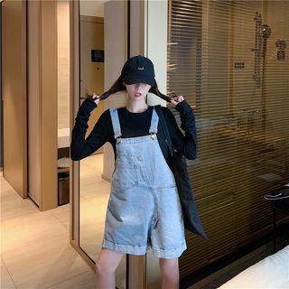 Washed Denim Dungaree Shorts As Shown In Figure - One Size