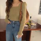 Square-neck Puff-sleeve Ribbed Knit Top