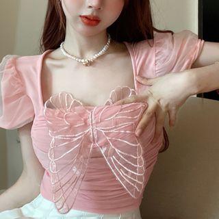 Puff-sleeve Butterfly Detail T-shirt