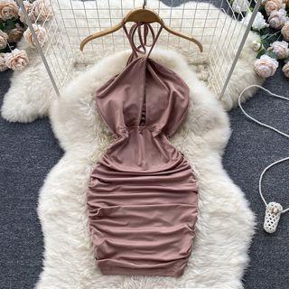 Sleeveless Halter Plain Cutout Ruched Dress