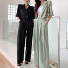 Set: Elbow-sleeve Double-breasted Cropped Blazer + Wide Leg Dress Pants
