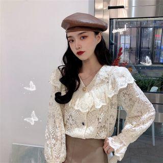 Lace Ruffle Trim Long-sleeve Blouse Off-white - One Size