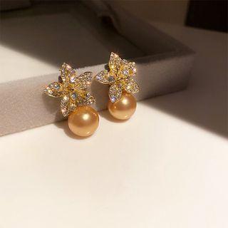 Flower Rhinestone Faux Pearl Dangle Earring Ndyz230 - 1 Pair - Gold - One Size