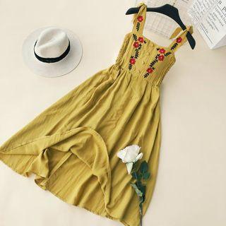 Strappy Floral Embroidery A-line Midi Dress