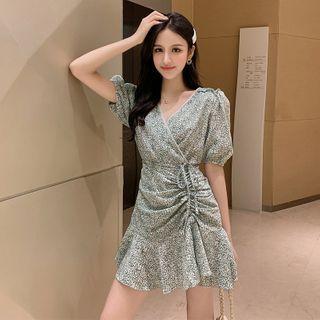Short-sleeve Floral Print Drawcord A-line Mini Dress