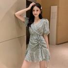 Short-sleeve Floral Print Drawcord A-line Mini Dress
