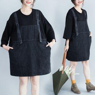 Mock Two Piece 3/4-sleeve Denim Dress Black - One Size