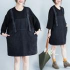 Mock Two Piece 3/4-sleeve Denim Dress Black - One Size