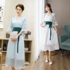 Elbow-sleeve Floral Embroidered Tie-waist Midi A-line Dress