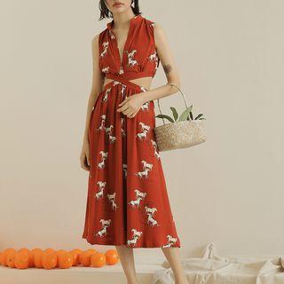 Printed V-neck Cutout-back Midi Dress