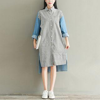 Plaid Denim Panel Long-sleeve Shirtdress