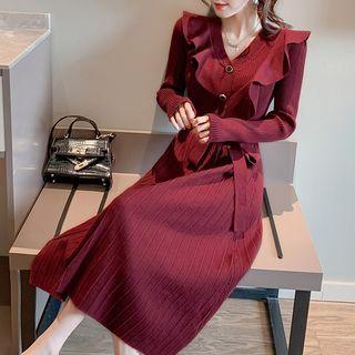 Ruffle Trim Tie-waist Knit Midi Dress
