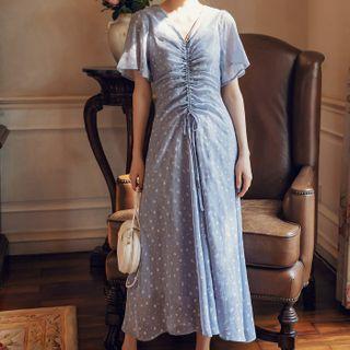 Flower Print Drawstring Short-sleeve Midi Shift Dress