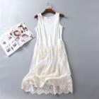 Sleeveless Lace Trim Midi A-line Dress / Spaghetti Strap Lace Trim A-line Dress