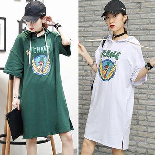 Print Elbow-sleeve Hooded T-shirt Dress