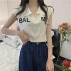 Sleeveless Polo-neck Lettering Cropped Top