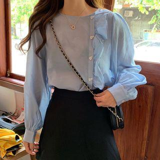 Long-sleeve Ruffled Blouse Blue - One Size