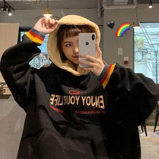 Lettering Faux Shearling Paneled Hoodie