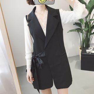 Lace Trim V-neck Chiffon Blouse / Sleeveless Long Blazer / Wide Leg Shorts