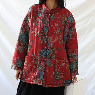 Long-sleeve Floral Print Cheongsam Top Floral - Red - One Size