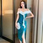 Cold-shoulder Two-tone Ruffle Trim Midi Bodycon Dress