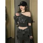 Short-sleeve Asymmetric Neck Butterfly Print Cropped Top Gray - One Size