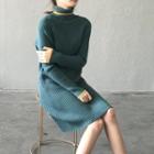 Long-sleeve Turtle-neck Midi Shift Knit Dress