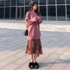 Long-sleeve Long Knit Top / Chiffon Pleated Skirt