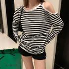 Asymmetric Shoulder Long-sleeve Striped Top As Shown In Figure - One Size