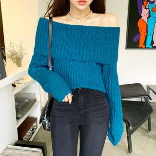 Off-shoulder Fold-over Rib-knit Top