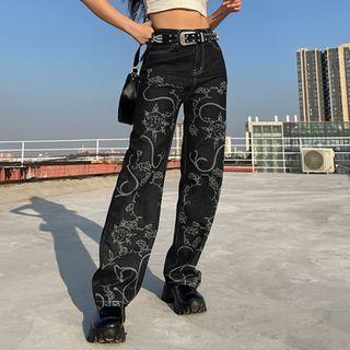 Flower Print Loose Fit Jeans