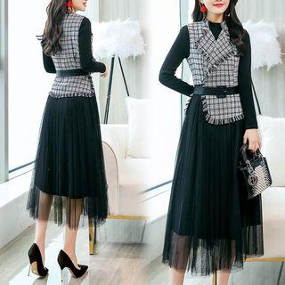 Set: Mock-neck Long-sleeve Dress + Mesh Panel Long Vest
