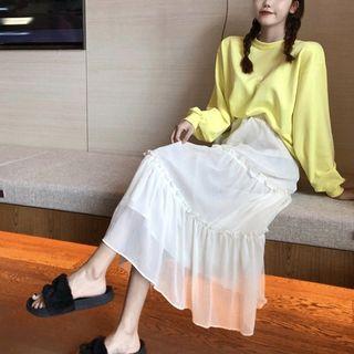 Puff Sleeve Plain Top / A-line Skirt