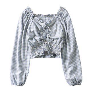 Gingham Ruffled Drawstring Blouse