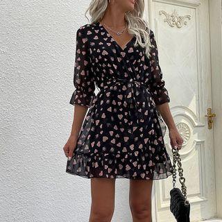 Heart Print V-neck Short-sleeve Mini A-line Dress