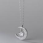 Moon & Star Rhinestone Pendant Sterling Silver Necklace S925 Silver - Necklace - Large - Silver - One Size