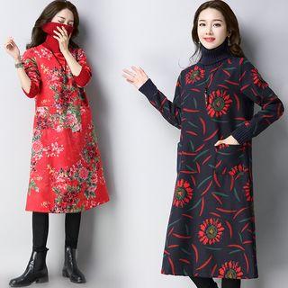 Turtleneck Long-sleeve Midi A-line Dress