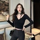 Tie-neck Long-sleeve Cropped Top