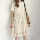 Set: Plain Short-sleeve T-shirt + Lace Slipdress