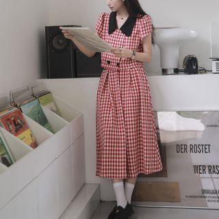 Short-sleeve Gingham Check Blouse / Midi A-line Skirt