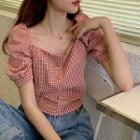 Plaid Short-sleeve Top Plaid - Red - One Size