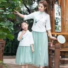 Family Matching 3/4-sleeve Traditional Chinese Embroidered Top / Midi Mesh Skirt