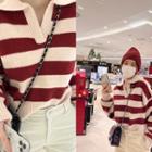 Open-placket Stripe Sweater With Cable-knit Beanie Wine Red - One Size