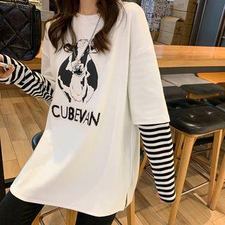 Long-sleeve Mock Two-piece Cow Print T-shirt