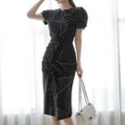 Short-sleeve Ruffle Trim Dotted Midi Sheath Dress