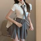 Short-sleeve Shirt / Tie / Open-back Skirt / Set