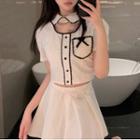 Short-sleeve Contrast Lining Blouse / Mini A-line Skirt