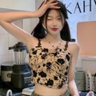 Floral Crop Corset Top Black & Khaki - One Size