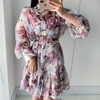 Puff-sleeve Floral Print A-line Dress Red & Blue & Pink - One Size